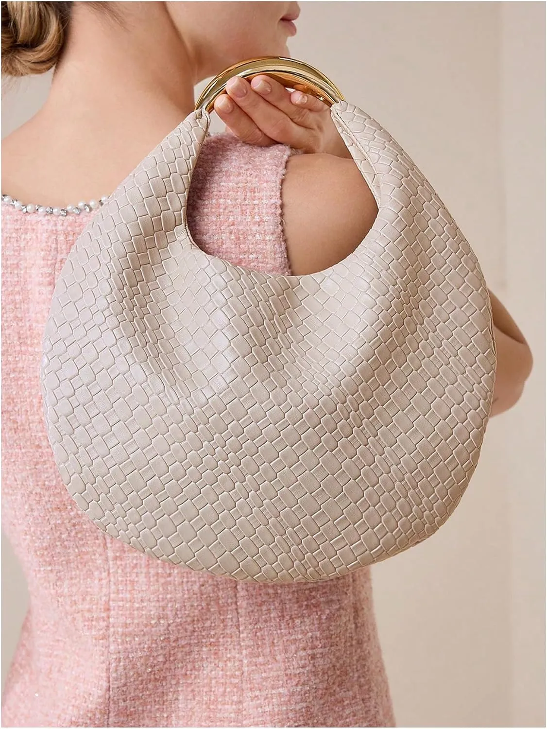QWINEE Women's Woven Handbag Elegant Clutch Purse Metal Top Handle Cresent Evening Bag Retro PU Leather Clutch Purse