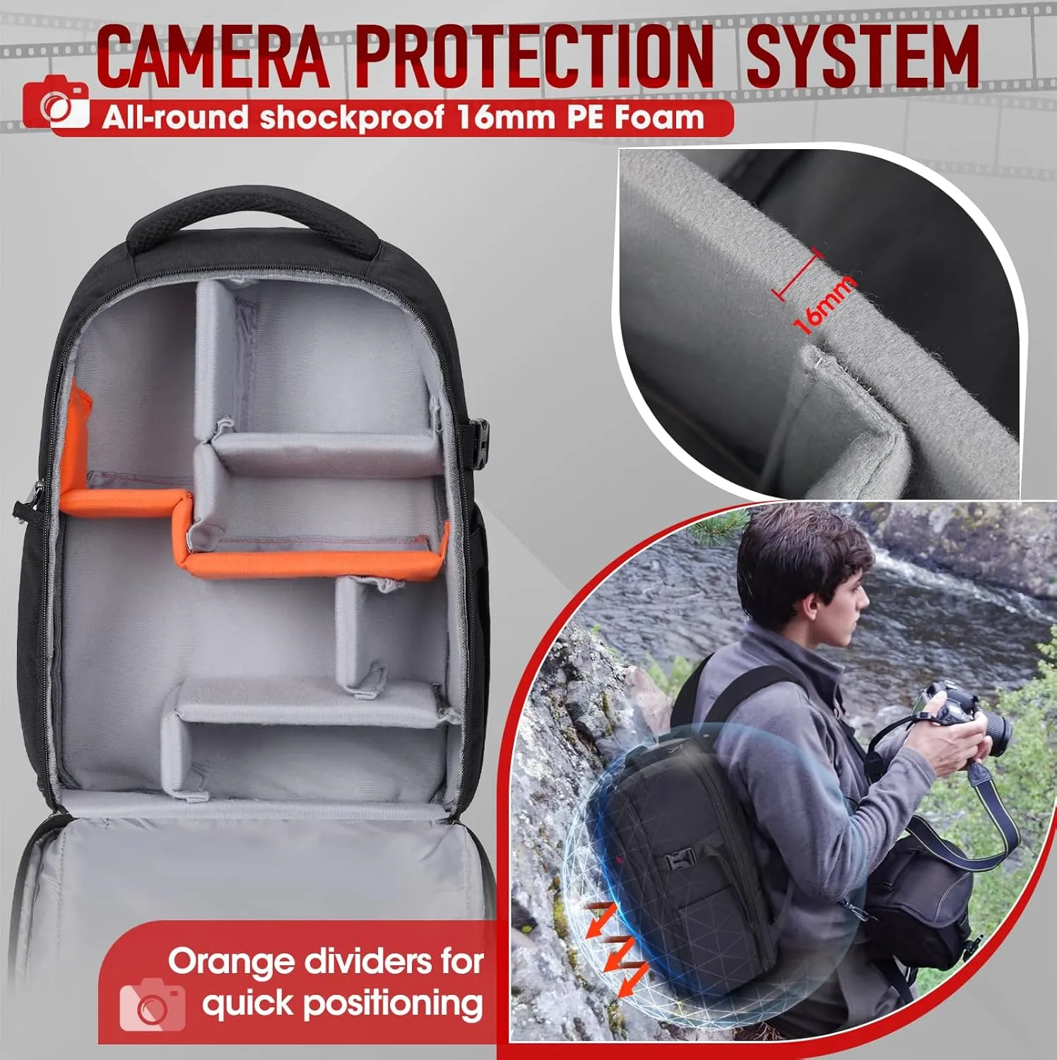 RAINSMORE Camera Backpack Camera Bag for DSLR/SLR Mirrorless 15.6 Inch Laptop Camera Backpack for Photographers Anti-theft Photography Bag with Rain Cover, Tripod Holder, Black