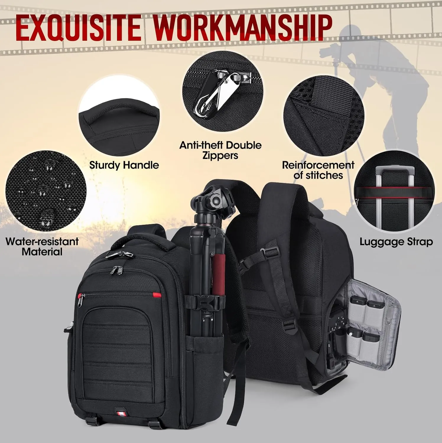 RAINSMORE Camera Backpack Camera Bag for DSLR/SLR Mirrorless 15.6 Inch Laptop Camera Backpack for Photographers Anti-theft Photography Bag with Rain Cover, Tripod Holder, Black