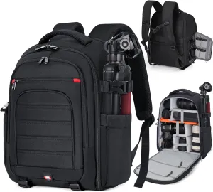 RAINSMORE Camera Backpack Camera Bag for DSLR/SLR Mirrorless 15.6 Inch Laptop Camera Backpack for Photographers Anti-theft Photography Bag with Rain Cover, Tripod Holder, Black