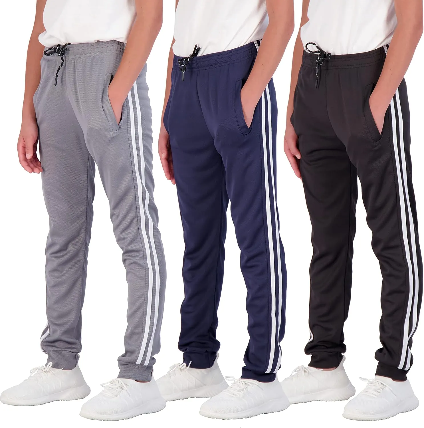 Real Essentials 3 Pack: Boy's Mesh Active Athletic Casual Jogger Sweatpants with Pockets