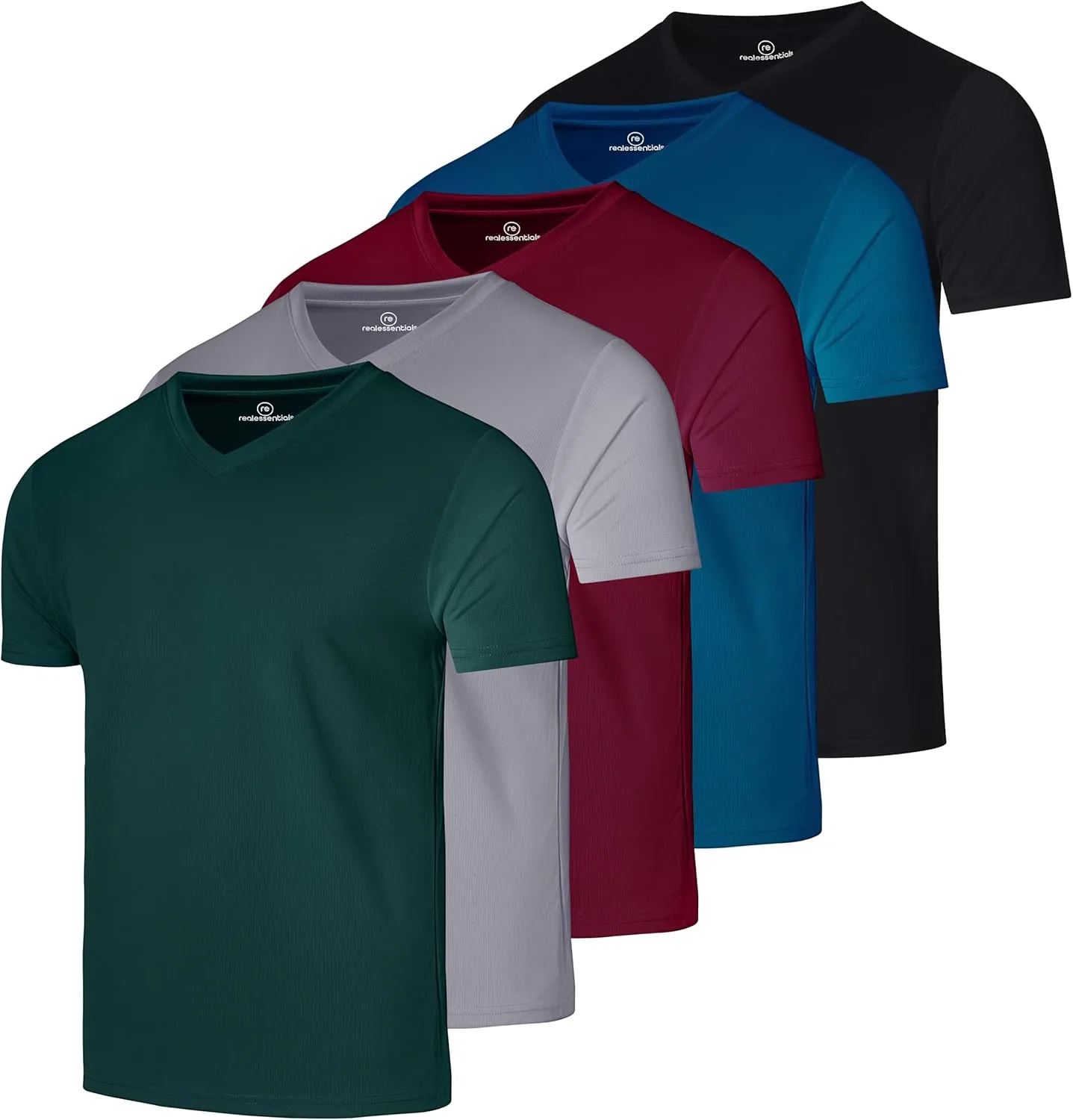 Real Essentials 5 Pack: Men's Mesh Quick Dry Short Sleeve V-Neck T-Shirt - Athletic Performance (Available in Big & Tall)