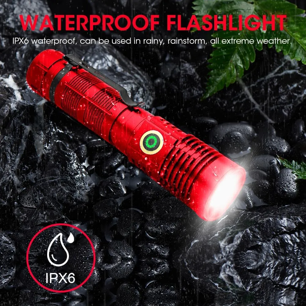 Rechargeable Flashlight High Lumens, High Lumens Super Bright Flash Light, Long-Range Zoomable LED Flashlights for Emergency, EDC, Searching, Waterproof Flashlight Dimmable Red 2Pcs