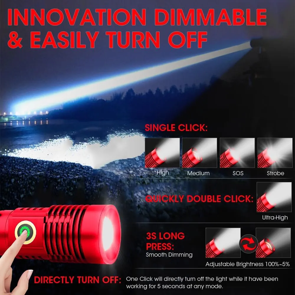 Rechargeable Flashlight High Lumens, High Lumens Super Bright Flash Light, Long-Range Zoomable LED Flashlights for Emergency, EDC, Searching, Waterproof Flashlight Dimmable Red 2Pcs