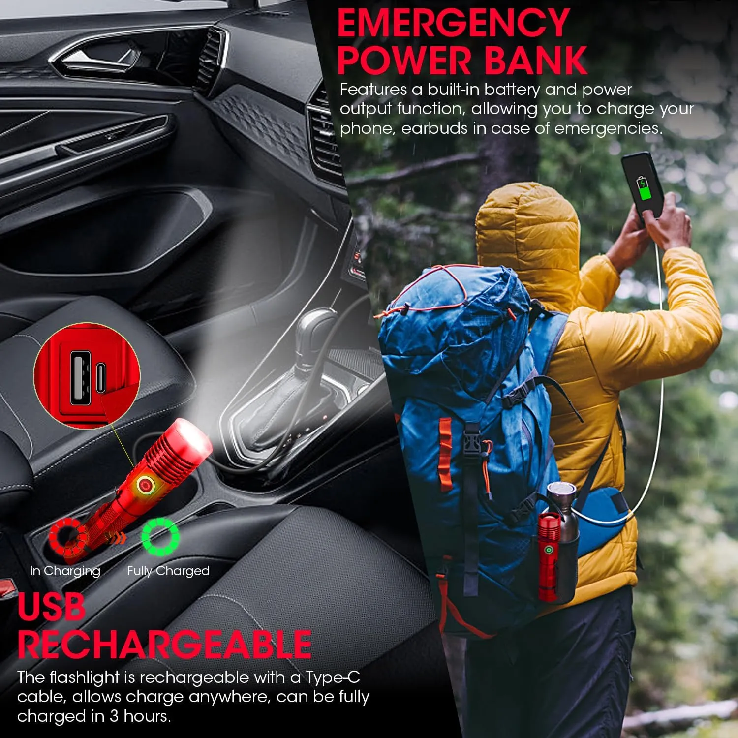 Rechargeable Flashlight High Lumens, High Lumens Super Bright Flash Light, Long-Range Zoomable LED Flashlights for Emergency, EDC, Searching, Waterproof Flashlight Dimmable Red 2Pcs