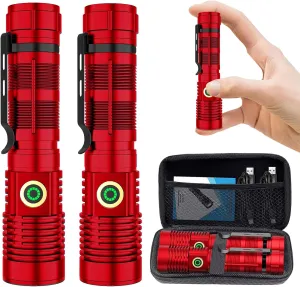 Rechargeable Flashlight High Lumens, High Lumens Super Bright Flash Light, Long-Range Zoomable LED Flashlights for Emergency, EDC, Searching, Waterproof Flashlight Dimmable Red 2Pcs