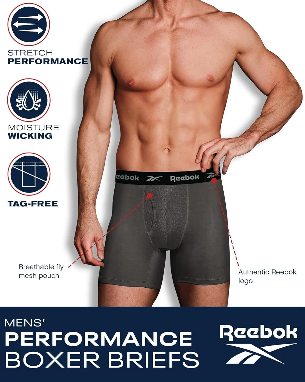 Reebok Mens Boxer Briefs - 4 Pack Moisture Wicking Performance Mens Underwear Boxers with Functional Fly Pouch (Sizes: S-XL)