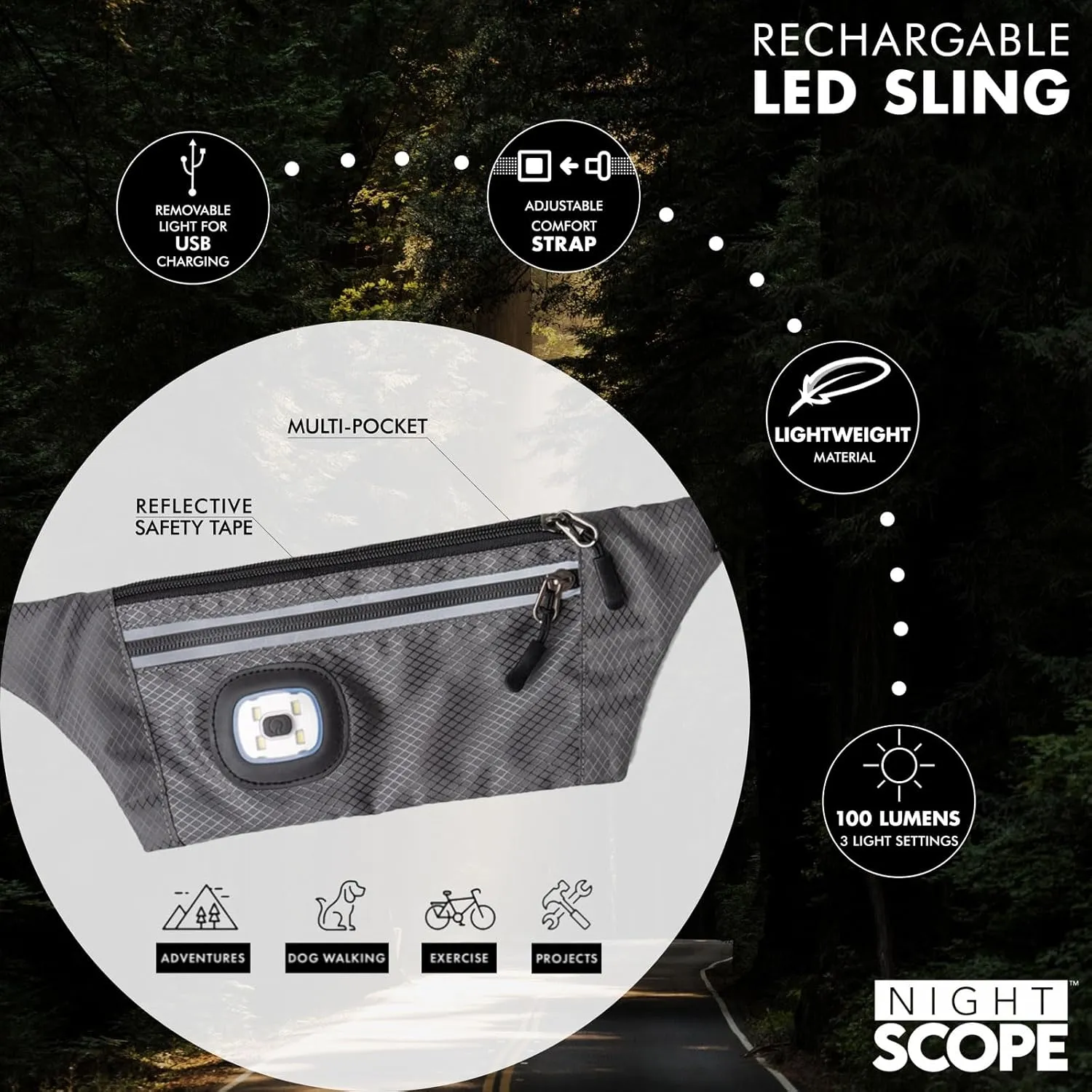 Reflective Sling/Fanny Pack with Removable Rechargable LED Light - Charcoal