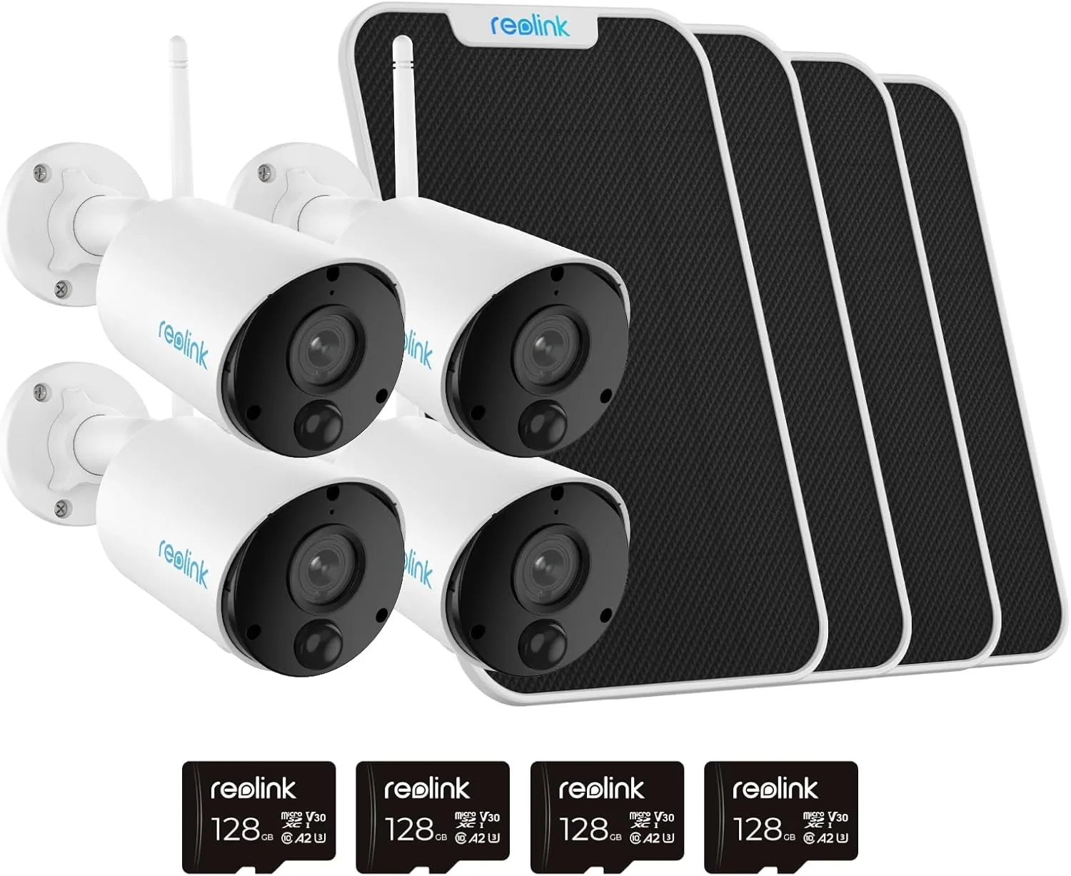 REOLINK Argus Eco 4 Pack Bundle - Solar Security Camera Outdoor Includes Solar Panel & SD Card (128GB), 3MP Nigh Vision, No Hub Needed,Local Storage, 2-Way Talk, Smart Detection