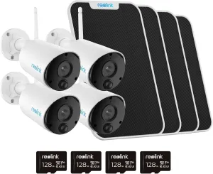 REOLINK Argus Eco 4 Pack Bundle - Solar Security Camera Outdoor Includes Solar Panel & SD Card (128GB), 3MP Nigh Vision, No Hub Needed,Local Storage, 2-Way Talk, Smart Detection