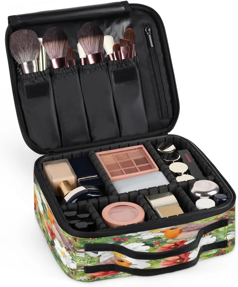 Retro Flower Birds Makeup Train Case Travel Makeup Bag Professional Cosmetic Organizer Portable Storage Box with Adjustable Dividers for Cosmetics Makeup Brushes Toiletry