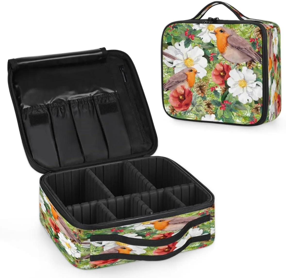 Retro Flower Birds Makeup Train Case Travel Makeup Bag Professional Cosmetic Organizer Portable Storage Box with Adjustable Dividers for Cosmetics Makeup Brushes Toiletry
