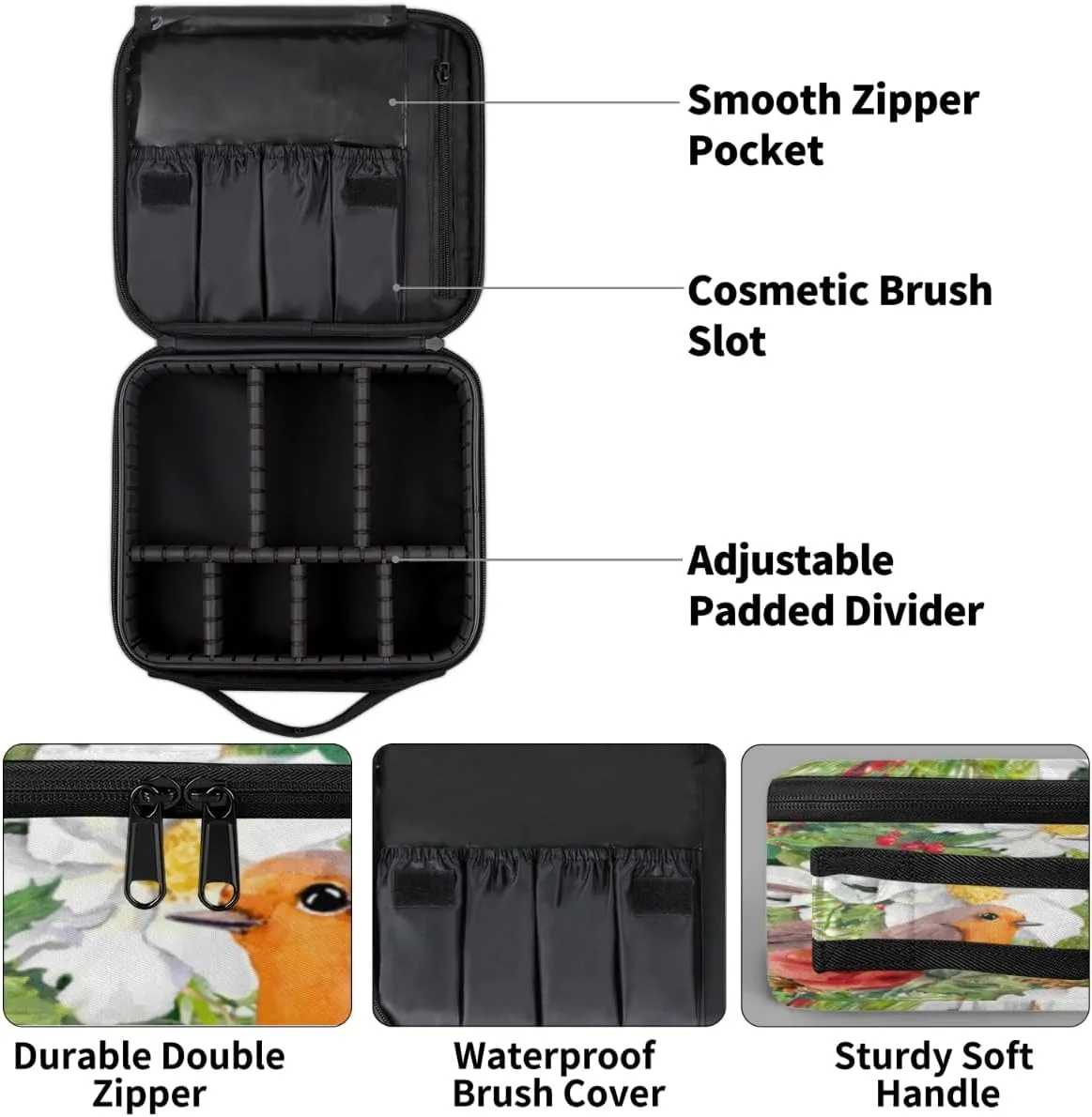 Retro Flower Birds Makeup Train Case Travel Makeup Bag Professional Cosmetic Organizer Portable Storage Box with Adjustable Dividers for Cosmetics Makeup Brushes Toiletry