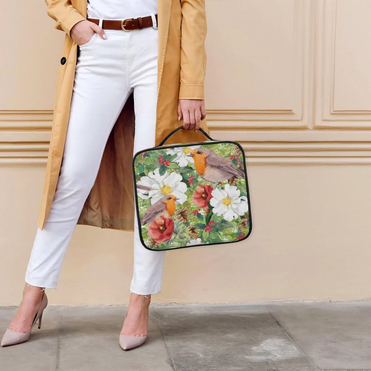 Retro Flower Birds Makeup Train Case Travel Makeup Bag Professional Cosmetic Organizer Portable Storage Box with Adjustable Dividers for Cosmetics Makeup Brushes Toiletry