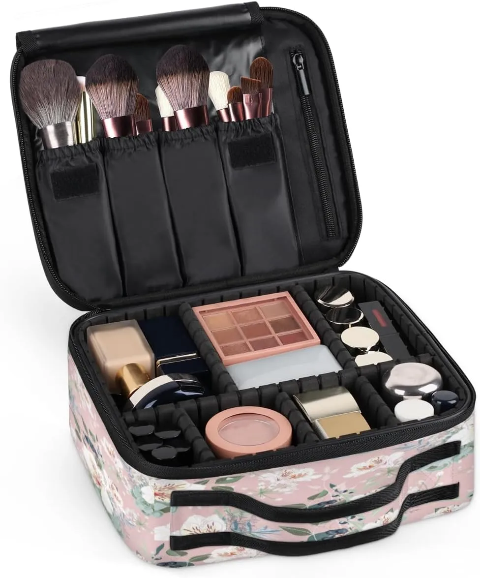 Retro Flower Paint Makeup Train Case Travel Makeup Bag Professional Cosmetic Organizer Portable Storage Box with Adjustable Dividers for Cosmetics Makeup Brushes Toiletry