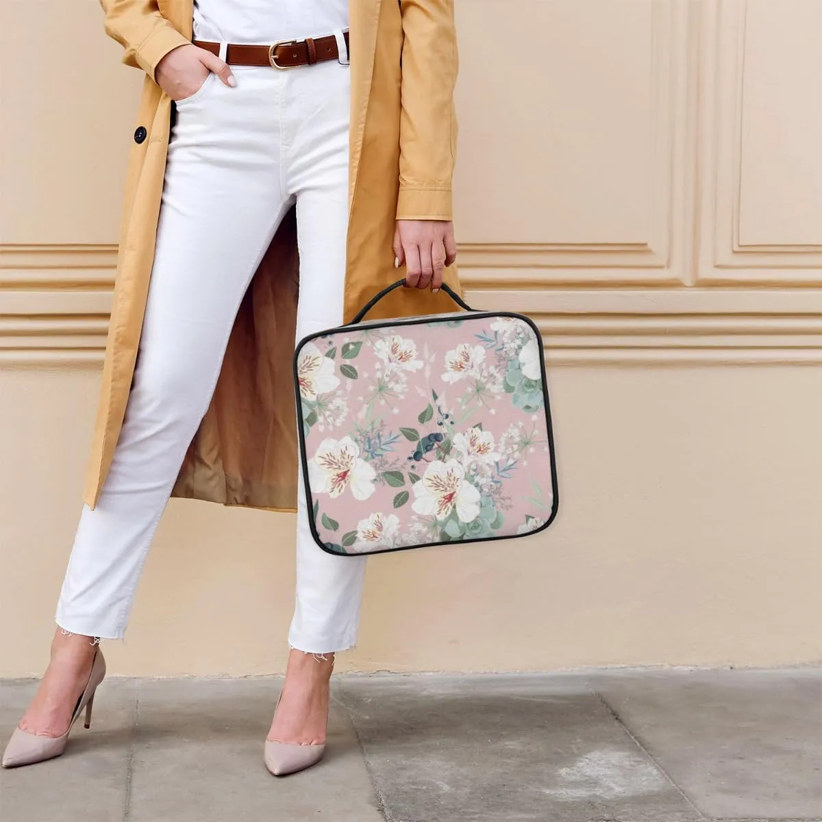 Retro Flower Paint Makeup Train Case Travel Makeup Bag Professional Cosmetic Organizer Portable Storage Box with Adjustable Dividers for Cosmetics Makeup Brushes Toiletry