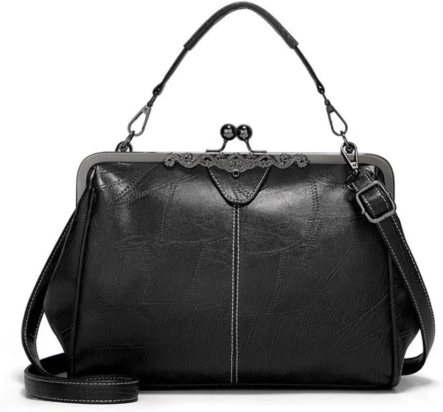 Retro Women Handbags Hollow Oil Wax PU Leather Handbag Kiss Lock Crossbody Purse Vintage Hobo Bags Messenger Bag Tote