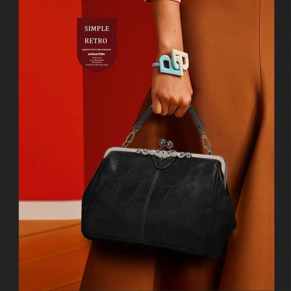 Retro Women Handbags Hollow Oil Wax PU Leather Handbag Kiss Lock Crossbody Purse Vintage Hobo Bags Messenger Bag Tote