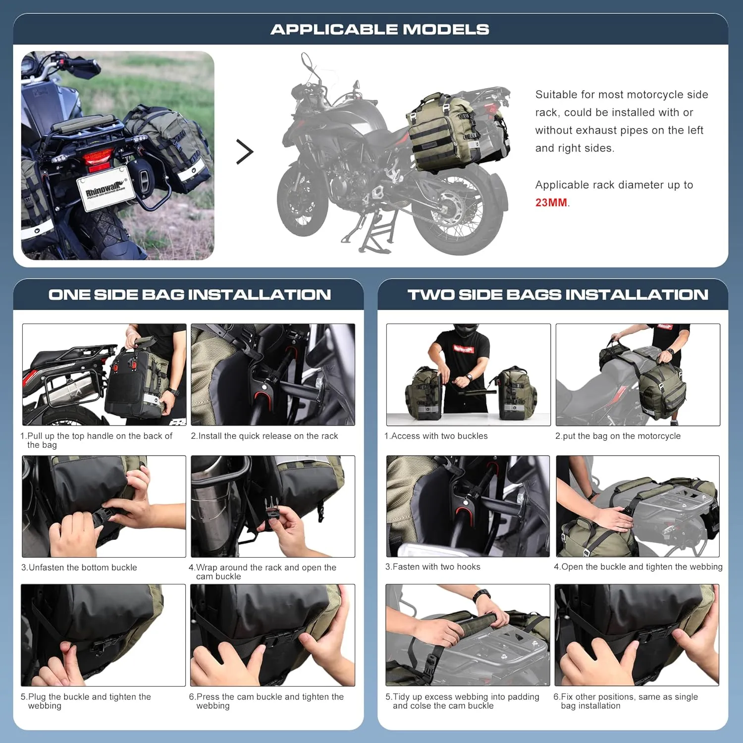 Rhinowalk Motorcycle Saddlebag Waterproof Motor Luggage Pack Quick Release Motorbike Side Bag 20L Fits Most Adventure and Sports Bike Motorcycle Racks(Green, 1 Pack)