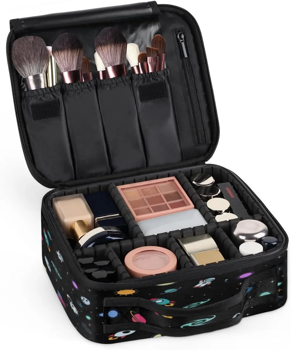 Rocket Earth Astronaut Makeup Train Case Travel Makeup Bag Professional Cosmetic Organizer Portable Storage Box with Adjustable Dividers for Cosmetics Makeup Brushes Toiletry