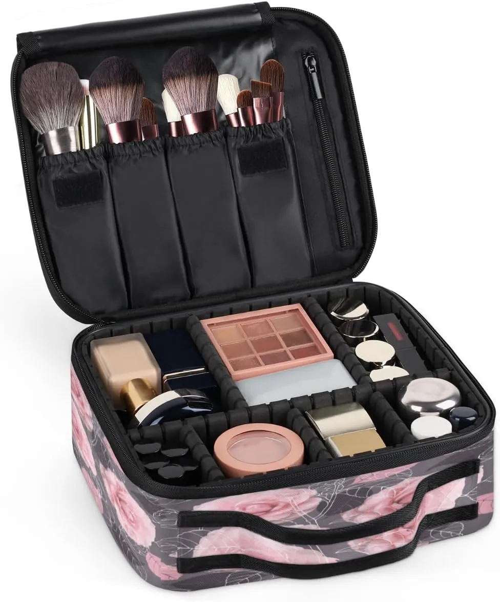 Rose Paint Makeup Train Case Travel Makeup Bag Professional Cosmetic Organizer Portable Storage Box with Adjustable Dividers for Cosmetics Makeup Brushes Toiletry
