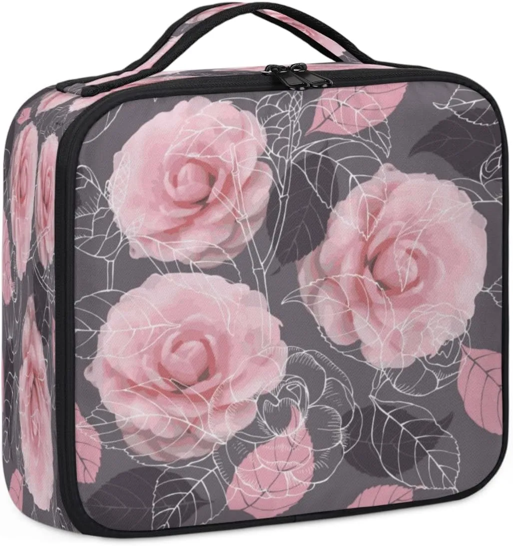 Rose Paint Makeup Train Case Travel Makeup Bag Professional Cosmetic Organizer Portable Storage Box with Adjustable Dividers for Cosmetics Makeup Brushes Toiletry