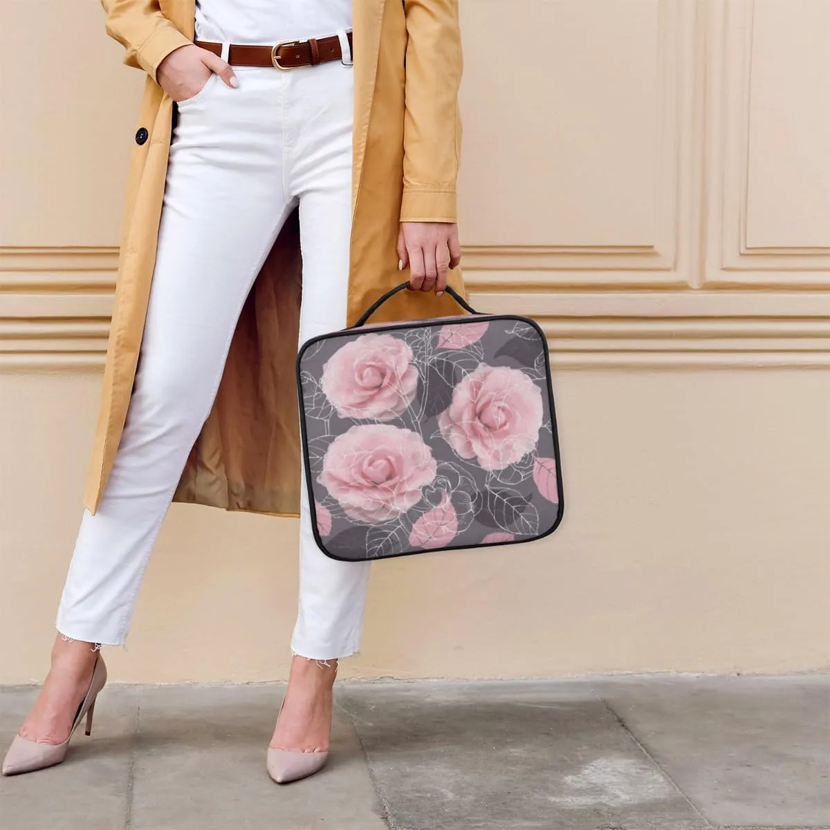 Rose Paint Makeup Train Case Travel Makeup Bag Professional Cosmetic Organizer Portable Storage Box with Adjustable Dividers for Cosmetics Makeup Brushes Toiletry