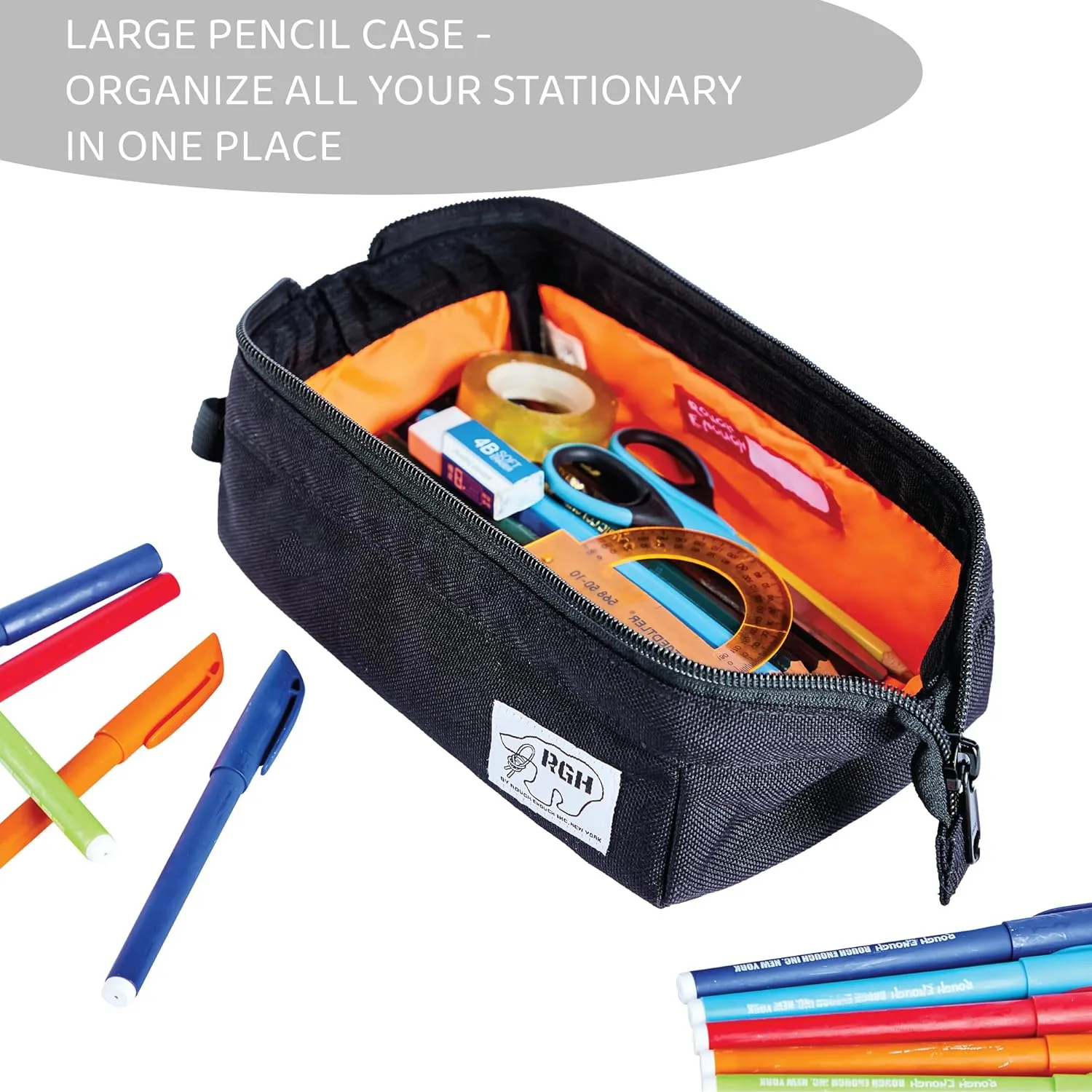 Rough Enough Large Pencil Case Pen Pouch Bag School Art Supplies Sturdy Japanese Cordura Fabric Black for Boys Kids Adults
