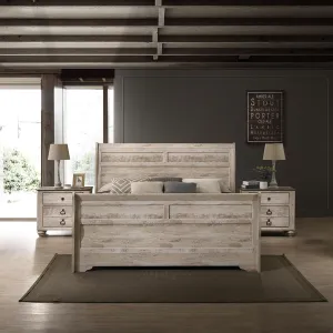 Roundhill Furniture Imerland 3-Piece Bedroom Set-Sleigh Bed and Two Nightstands, King, White Wash Finish