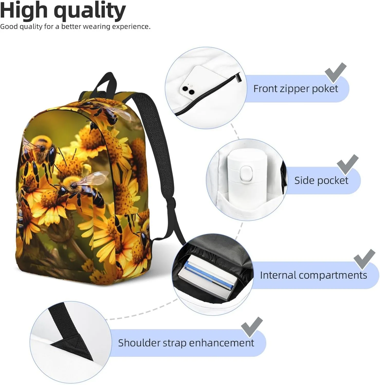 Rural Honey Bees Flowers Canvas Backpack For Men Women,Casual Rucksack Backpack, Laptop College Hiking Travel Bag