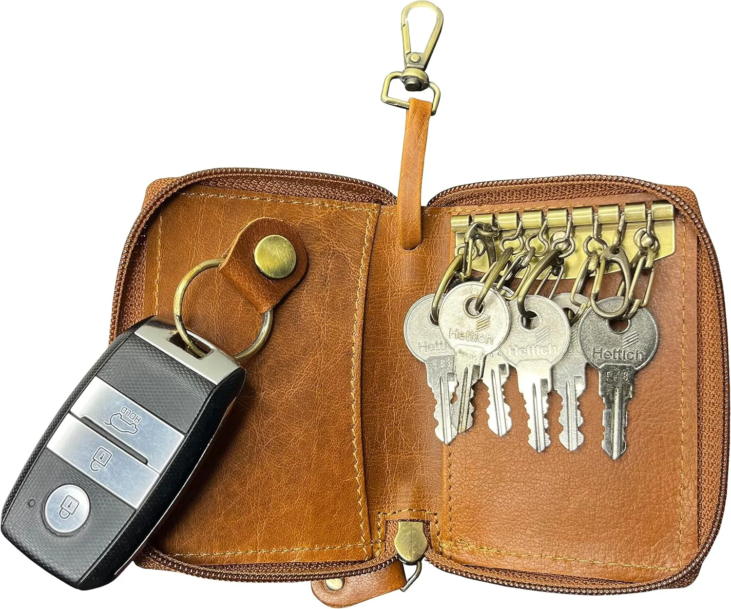 RUSTIC TOWN Leather Key Holder Case - Zippered Key Organizer Wallet with 8 Hooks for Keys, Cash & Card - Gift for Men Women