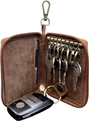RUSTIC TOWN Leather Key Holder Case - Zippered Key Organizer Wallet with 8 Hooks for Keys, Cash & Card - Gift for Men Women