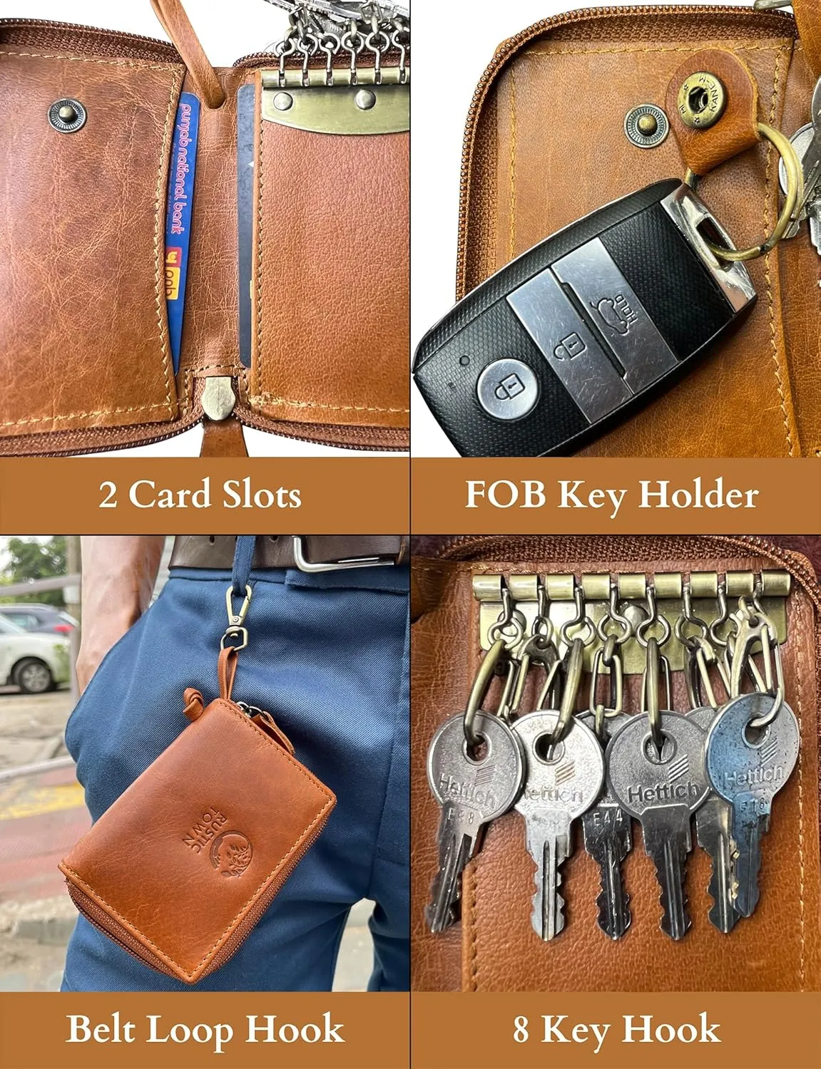 RUSTIC TOWN Leather Key Holder Case - Zippered Key Organizer Wallet with 8 Hooks for Keys, Cash & Card - Gift for Men Women