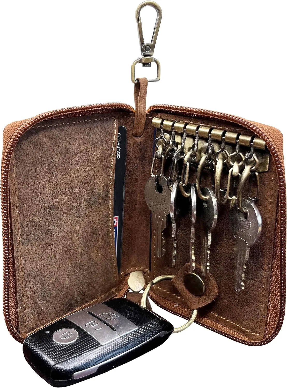 RUSTIC TOWN Leather Key Holder Case - Zippered Key Organizer Wallet with 8 Hooks for Keys, Cash & Card - Gift for Men Women
