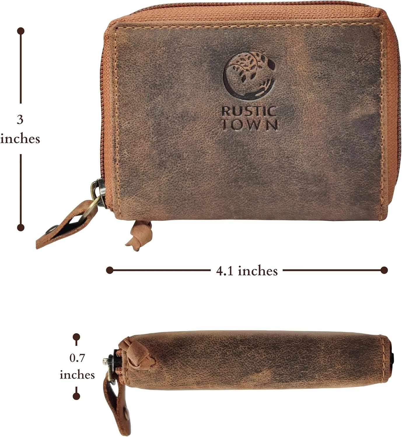 RUSTIC TOWN Leather Key Holder Case - Zippered Key Organizer Wallet with 8 Hooks for Keys, Cash & Card - Gift for Men Women