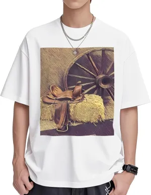 Rustic Western Country Wagon Wheel Horse Saddle 230g Durable Cotton Short Sleeve,Minimalist Travel T-Shirt