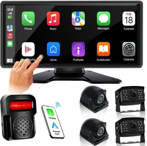 RV Backup Camera System with Carplay, 10.36" Touch Quad Split Monitor   1080P 4 Camera System with Android Auto Mirror Link FM DVR Recording Night Vision Waterproof for RV Trailer Camper Tractor Truck