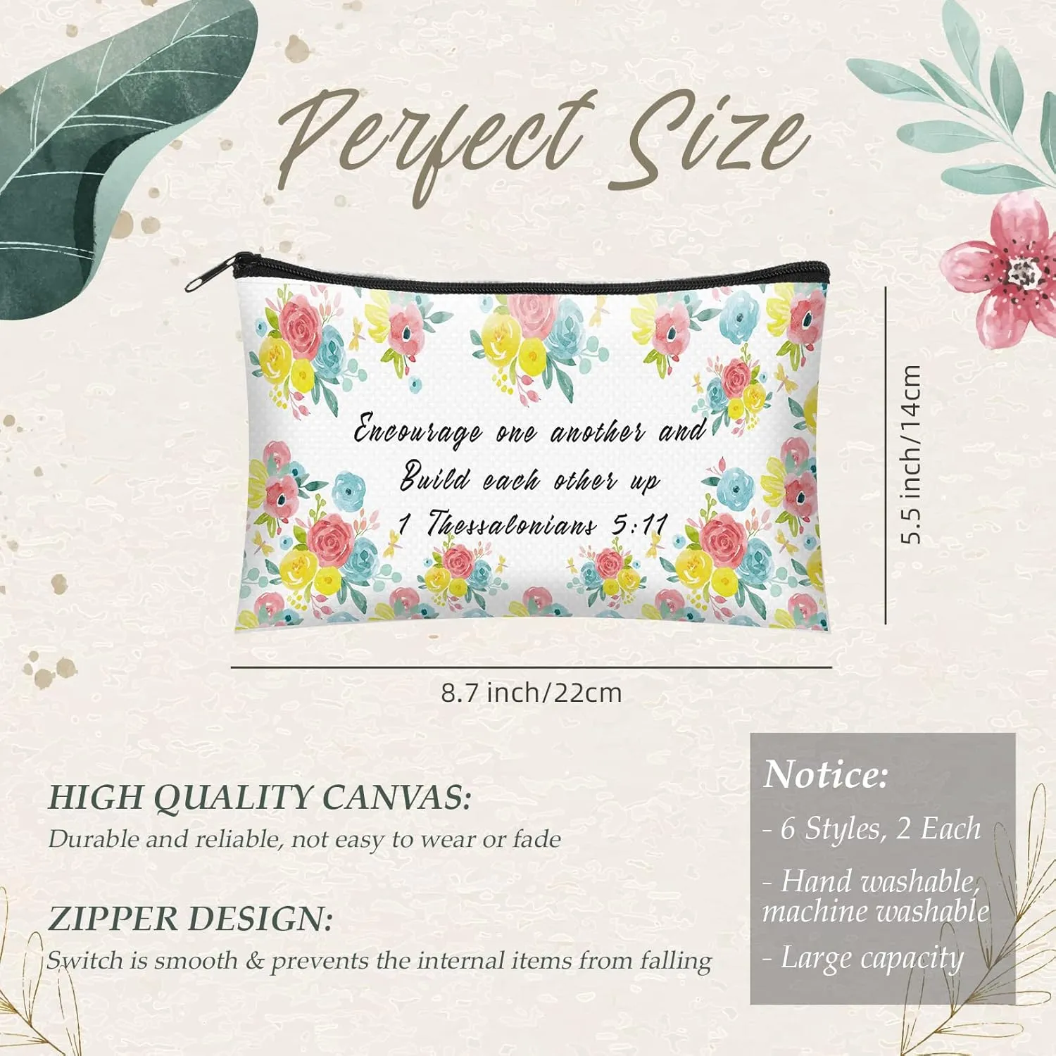 Sabary 12 Pcs Christian Pencil Pouch Bible Verse Makeup Bag Christian Gifts for Women Bulk Inspirational Bible Flower Cosmetic Bags Religious Church Gifts for Mom Sister(8.7 x 5.5 Inch)