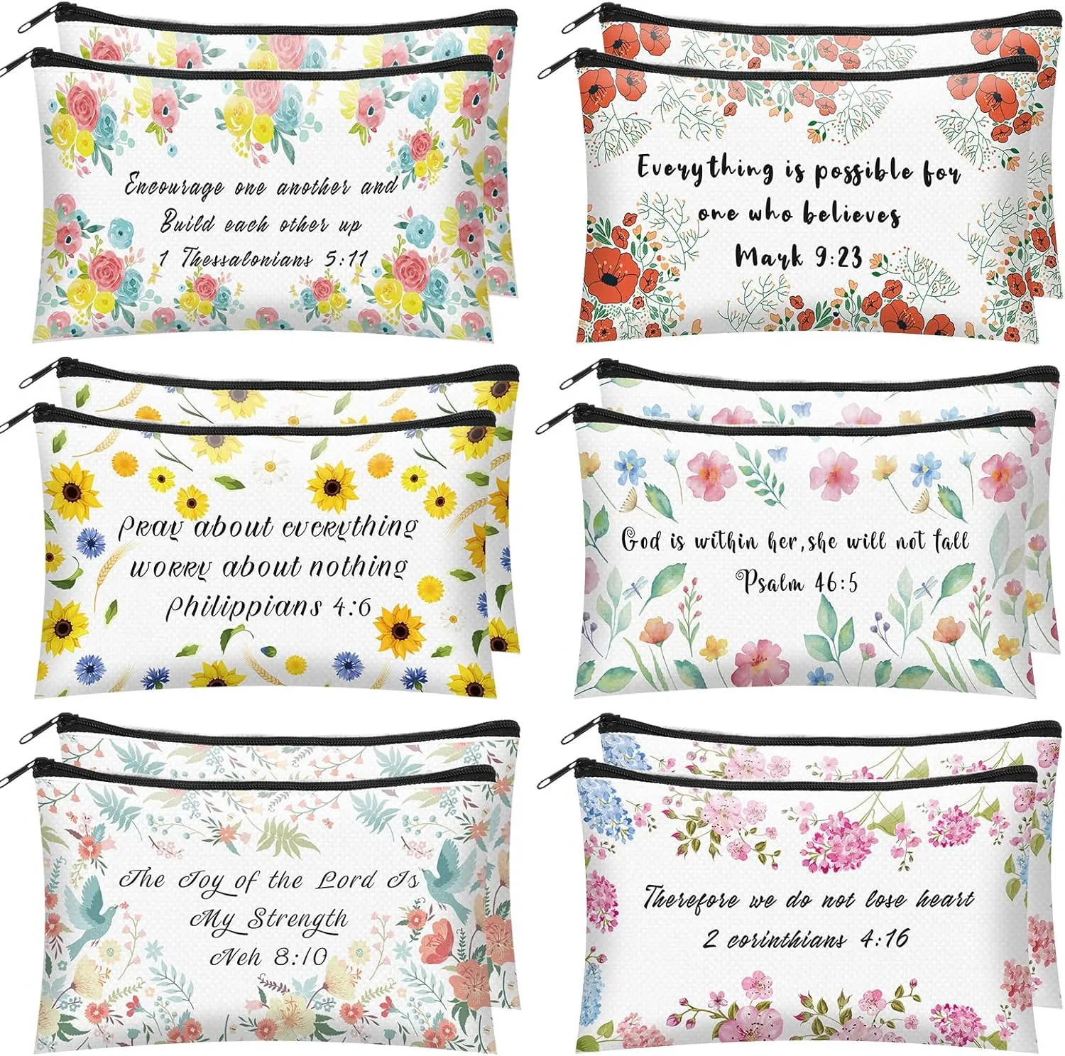 Sabary 12 Pcs Christian Pencil Pouch Bible Verse Makeup Bag Christian Gifts for Women Bulk Inspirational Bible Flower Cosmetic Bags Religious Church Gifts for Mom Sister(8.7 x 5.5 Inch)