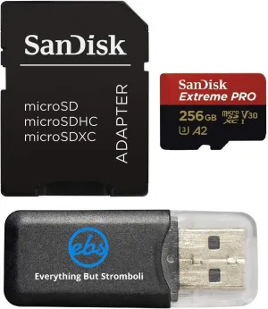 SanDisk 256GB Extreme Pro MicroSD Card U3 V30 A2 Up to 200MB/s Read Speed Compatible with Osmo Action 5 Pro Camera SDSQXCD-256G-GN6MA - Bundle with (1) Everything But Stromboli MicroSDXC Card Reader