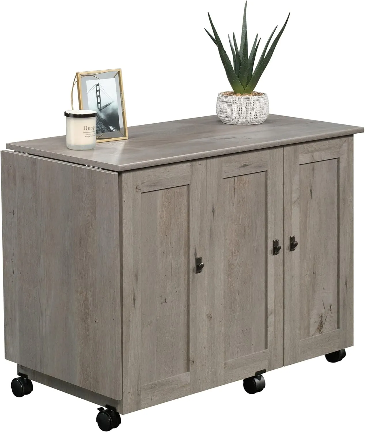 Sauder Craft Cart Storage Cabinet, Rolling Sewing Table with Expandable Top, Mystic Oak