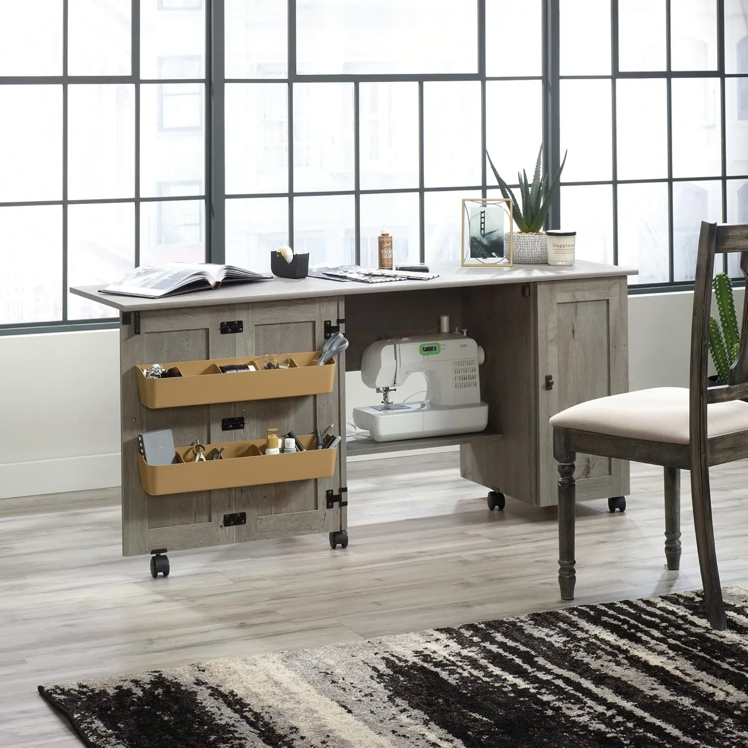Sauder Craft Cart Storage Cabinet, Rolling Sewing Table with Expandable Top, Mystic Oak