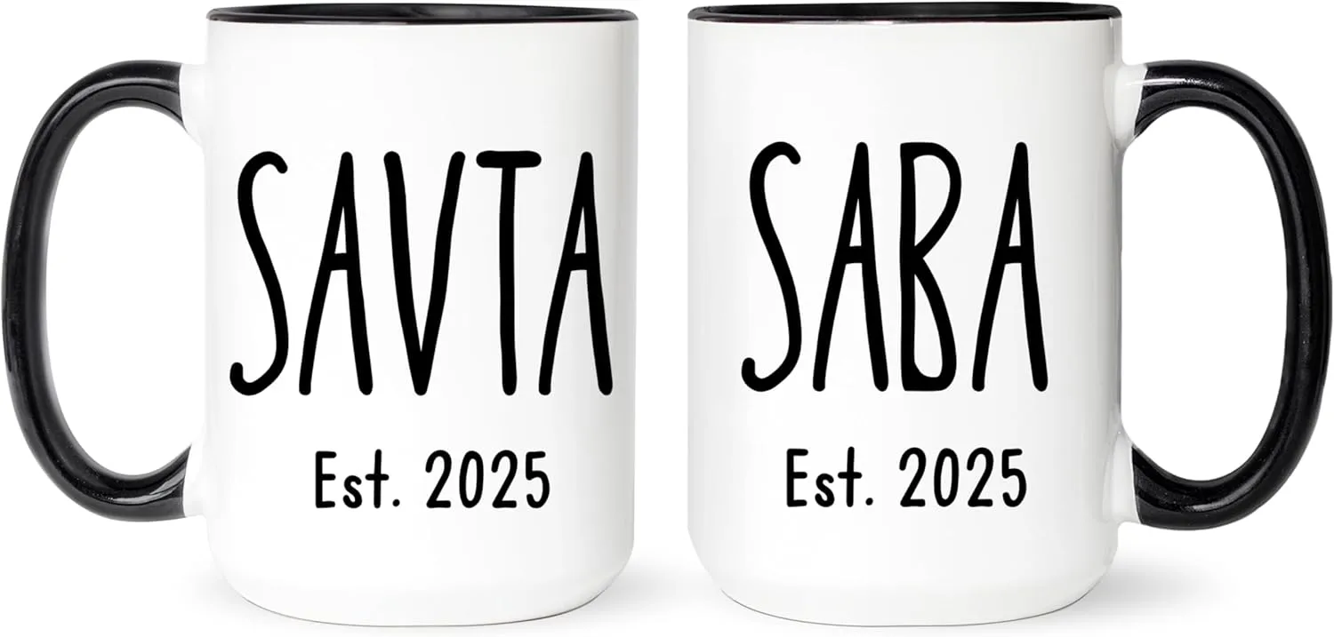 Savta And Saba Mugs Set - Hebrew Grandparents Baby Reveal - Pregnancy Announcement Jewish Grandparents (White, 11oz)