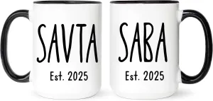 Savta And Saba Mugs Set - Hebrew Grandparents Baby Reveal - Pregnancy Announcement Jewish Grandparents (White, 11oz)
