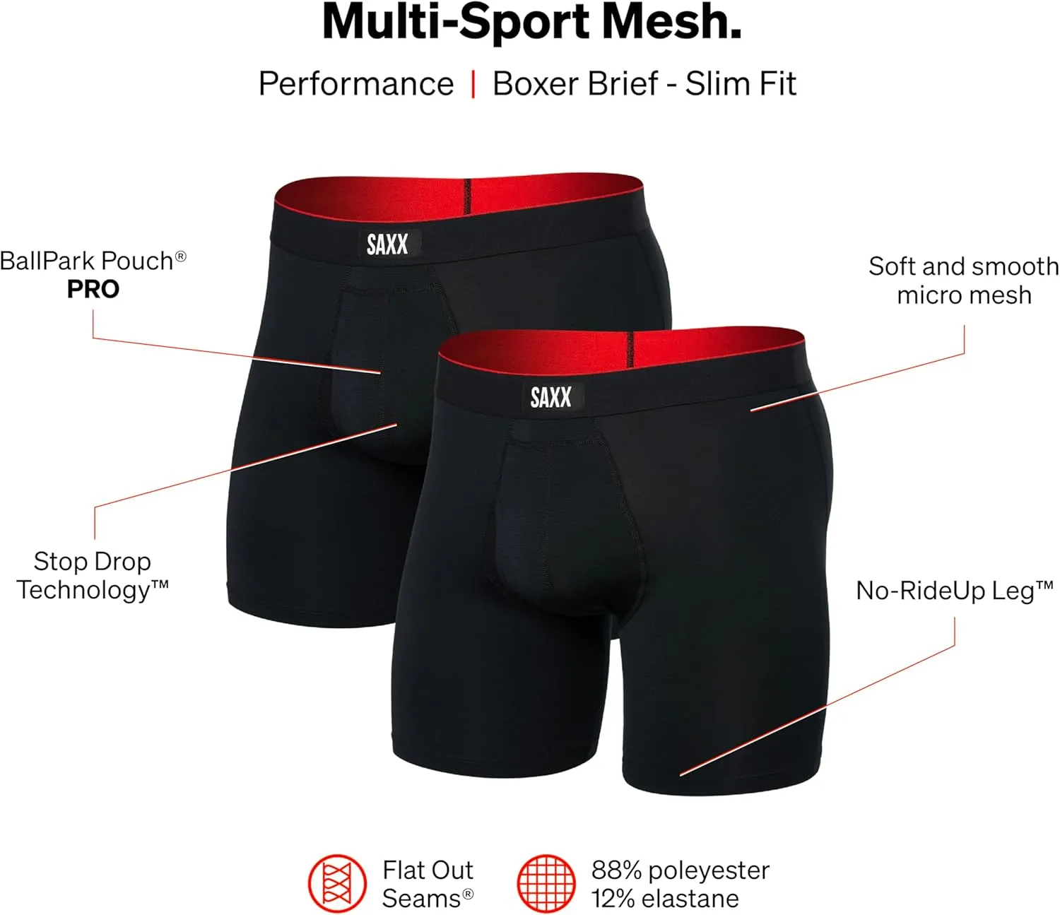 SAXX Underwear Co. Men's Underwear with Pouch Multi Sport Mesh Boxer Brief Fly 2Pk