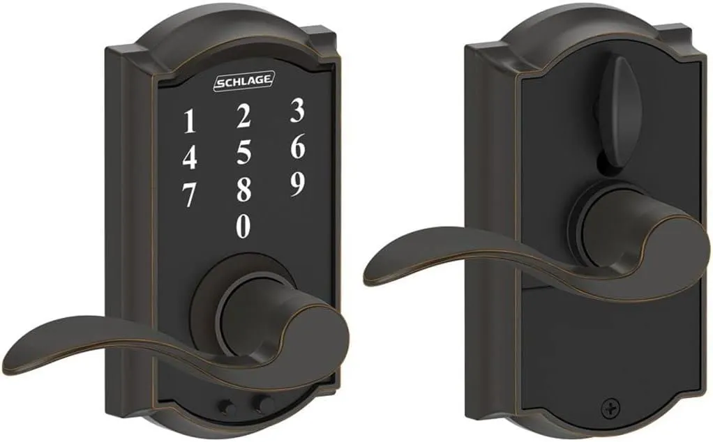 Schlage FE695 Camelot by Accent Keyless Touch Lever Lock with 16211 Latch 10063 Strike Aged Bronze Finish