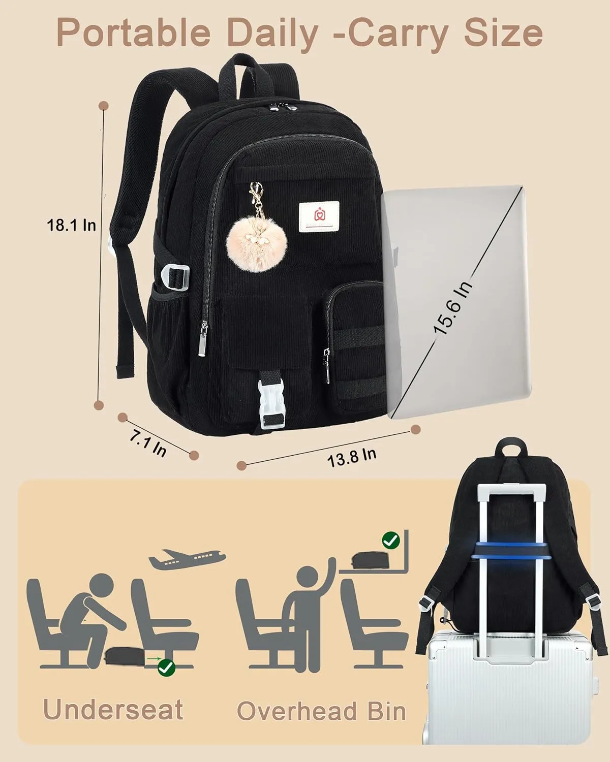 School Backpack for Teens Girls Women 15.6 Inch Laptop College Backpacks Corduroy Work Bag Kids Elementary Middle High Campus Bookbag Students Back Pack Anti Theft Travel Daypack Womens - Black