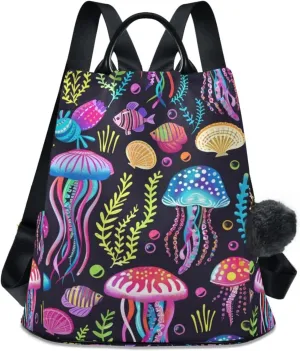 Seaweeds Jellyfishes Fishes Backpack for Women Anti Theft Large Fashion Travel Shoulder Bag Purse Rucksack Lightweight