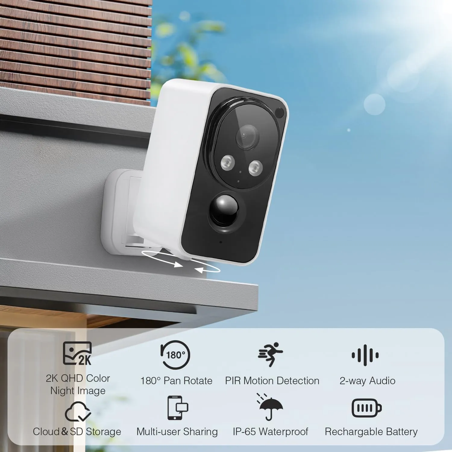 Security Cameras Wireless Outdoor Pan Rotating 180° 2K Cameras for Home Security Color Night Vision Battery 2.4GHz WiFi Camera Motion Detection Siren 2-Way Talk Waterproof Cloud/SD Storage 2-Pack
