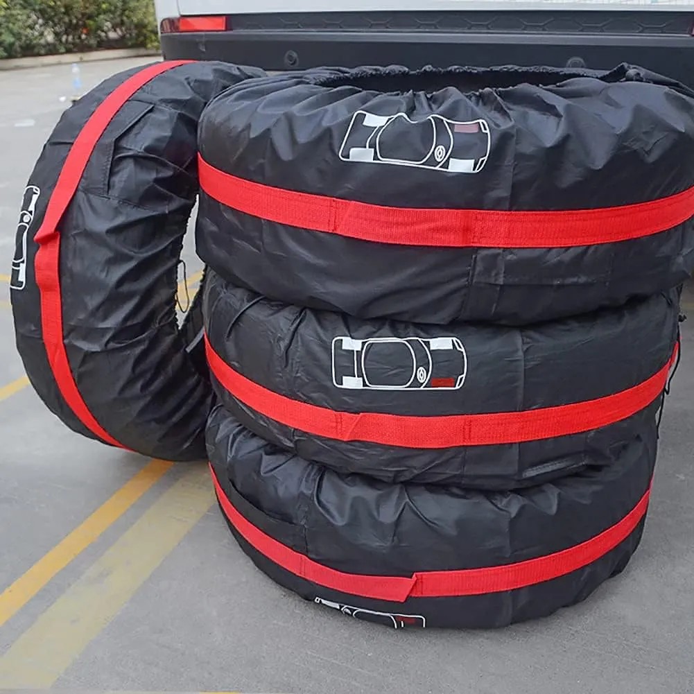 Set of 4 Spare Tire Cover Tote Upgraded 420D Version Portable Dustproof Wheel Storage Bag with Handle Easy Transportation for Trailer Truck Camper Auto Universal Fit 17in-30in (Red, L)